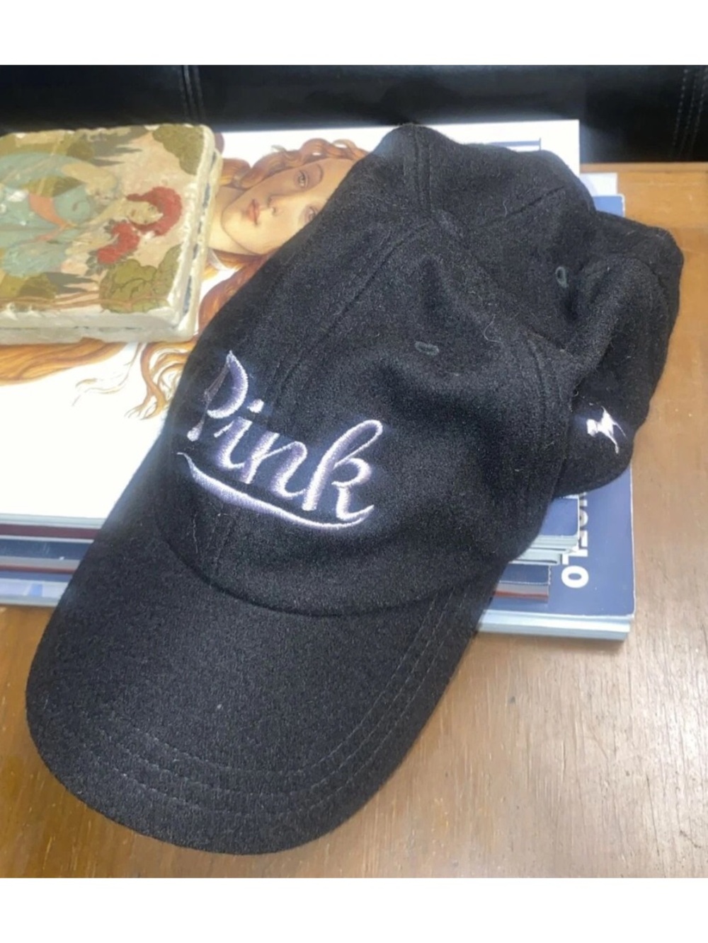 Victoria’s Secret PINK Black Wool Blend Strapback Hat Ball Cap-Silver Embroidery